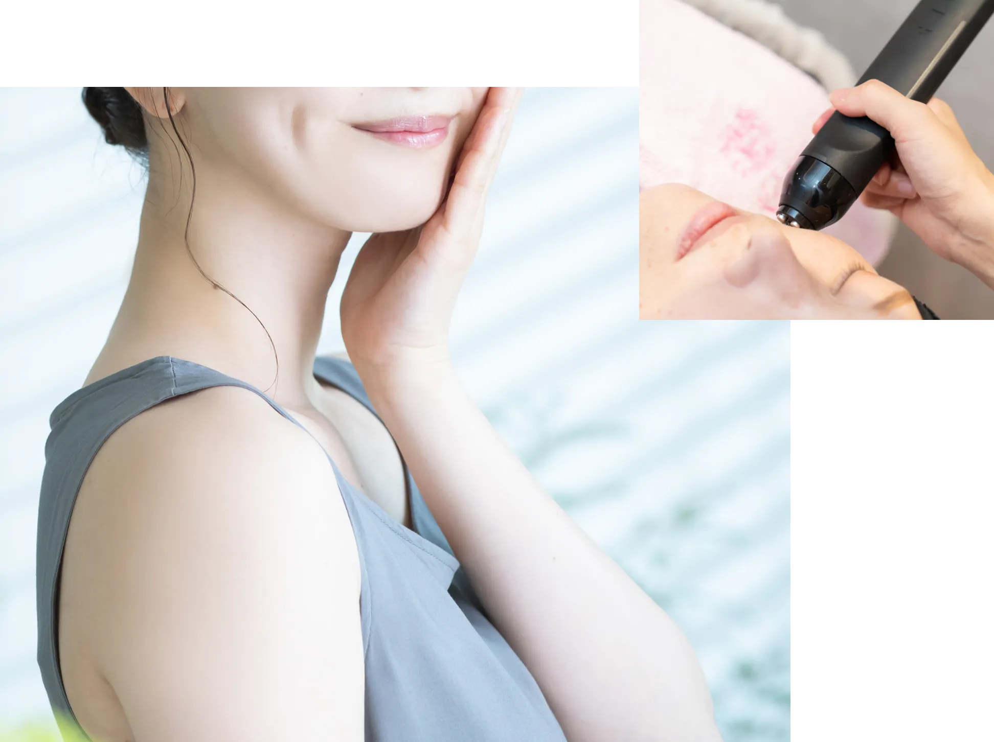 女性が頭に手を当てている様子、美容機器を顔に当てているところ